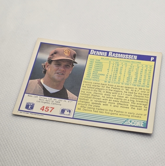1991 Score Dennis Rasmussen San Diego Padres #457 Baseball Card - Picture 3 of 3